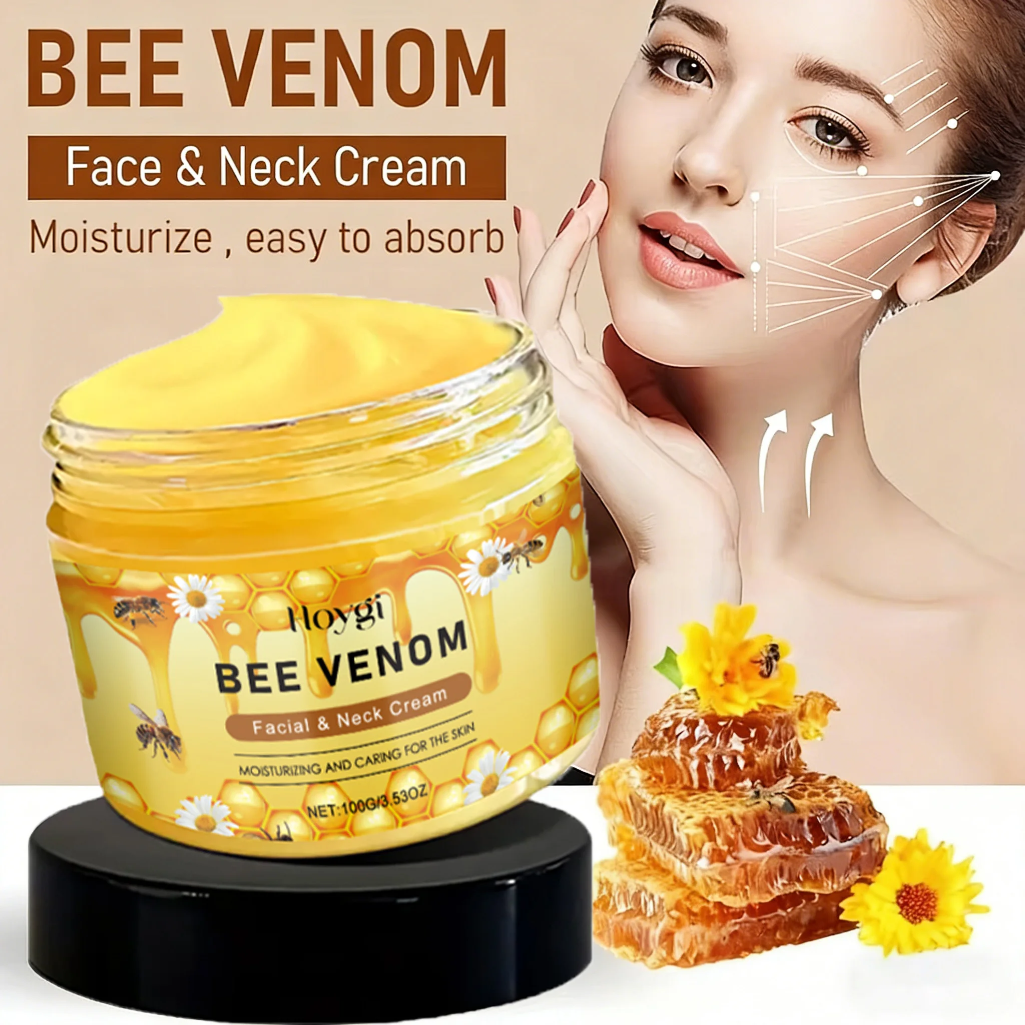 Bienen-Gift-Gesichts- und Halscreme, feuchtigkeitsspendend, straffend, verbessert feine Linien, nährende, tägliche Hautpflegecreme, schnell einziehend Image