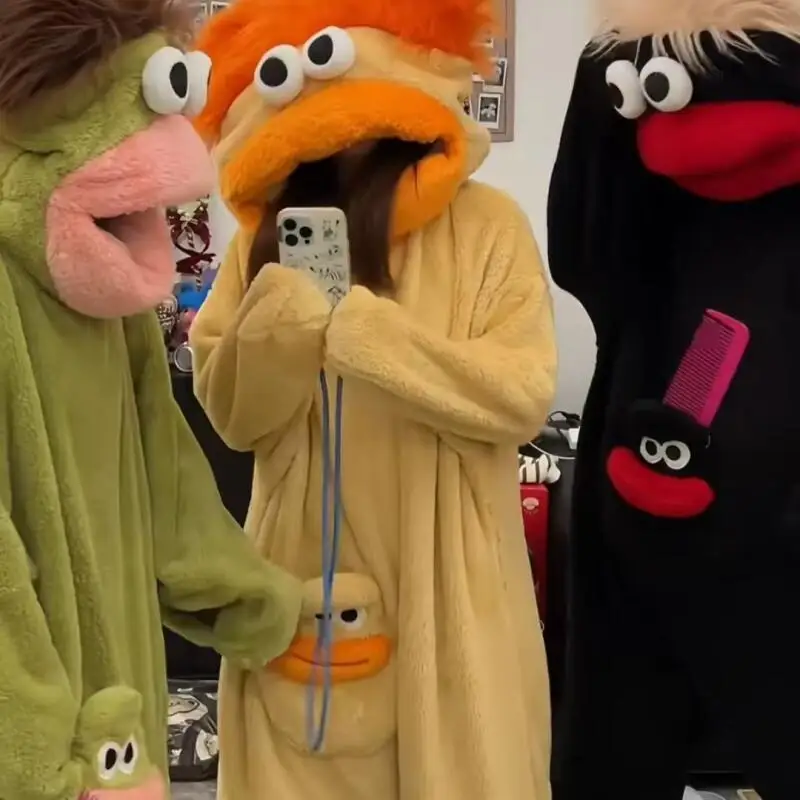 Herbst-Winter Großmaul-Monster Cartoon Pyjama-Set für Paare, Wärmehaltender Langer Bademantel, Fleece-Gefüttert, Verdickt, Freizeit-Homewear Image