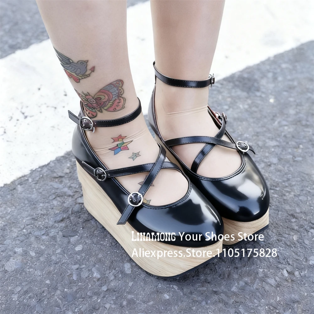 Süße Gothic Lolita Schaukelpferd Schuhe Cross Strap Knöchel Schnalle Plattform Wohnungen Neuheit Kawaii Runde Zehen Lederschuhe für Frauen