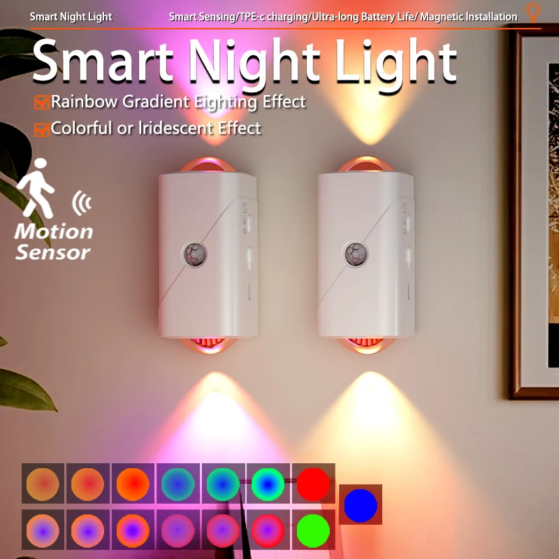 RGB-Nachtlicht, LED-Wandleuchte mit Bewegungsmelder, Auf- und Ab-Lichter, wiederaufladbare Atmosphärenlichter für Treppen, Veranda, Heimdekorationen