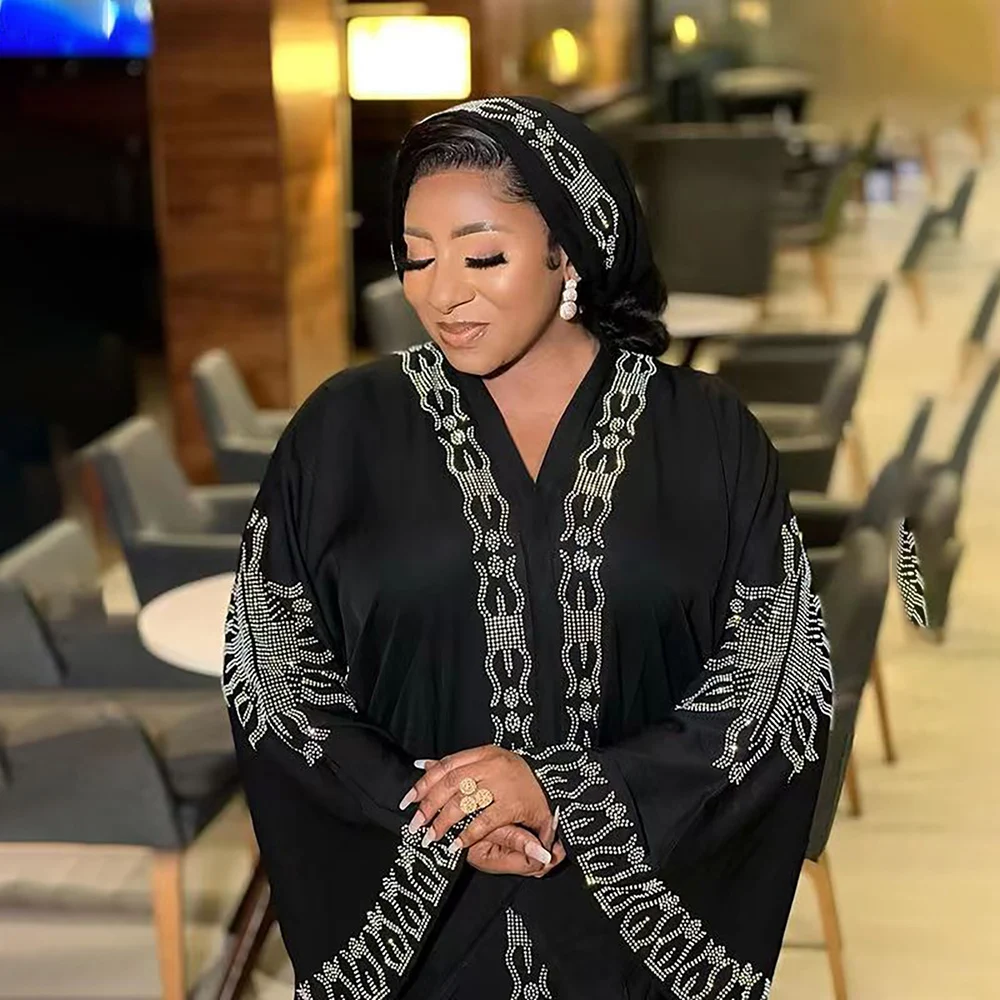 Afrikanische Mutter Robe modische elegante Kleid V-Ausschnitt Luxus vorne und hinten Diamant Horn Ärmel Image