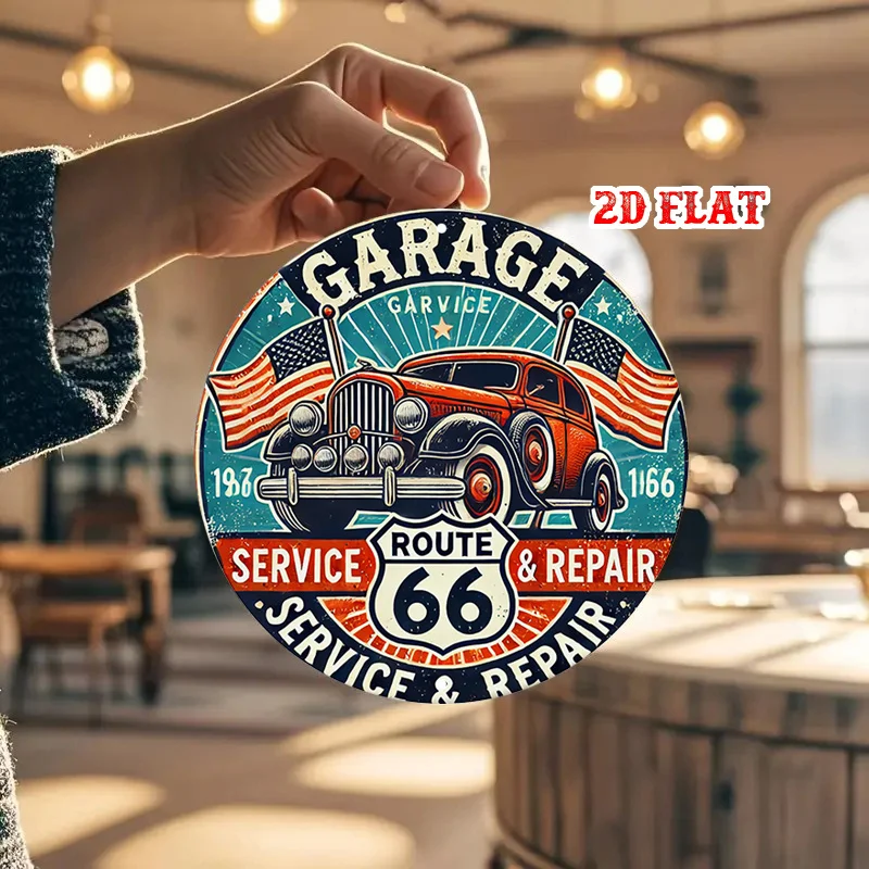 2D Flaches Vintage Route 66 Garage Service & Reparatur Rundes Metallschild, Retro Klassisches Auto & Amerikanische Flagge Wanddekoration, Nostalgisch I Image
