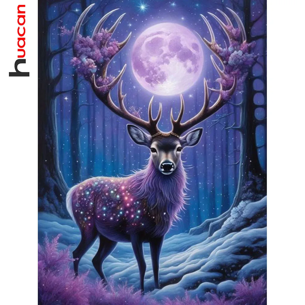 Huacan 5D-Diamantgemälde zum Selbermachen, Sika-Hirsch, Mond, Diamant-Mosaik, Tierlandschaft, komplettes Set, Bild aus Strass Image
