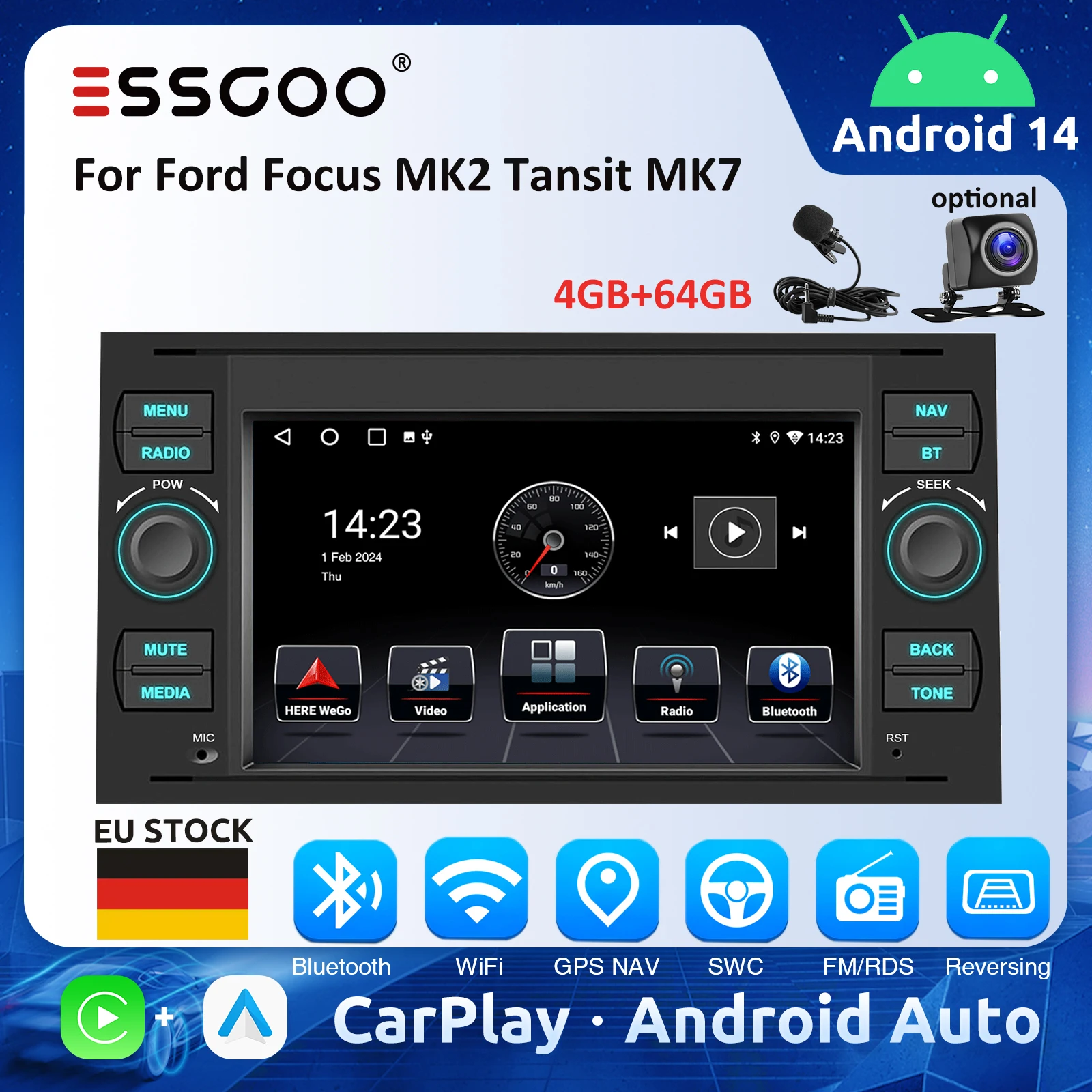 ESSGOO 7-Zoll-Autoradio für Ford Focus MK2 Transit MK7 Android Auto Carplay 4GB+64GB Autoradio RDS GPS Automotive Multimedia Player Image