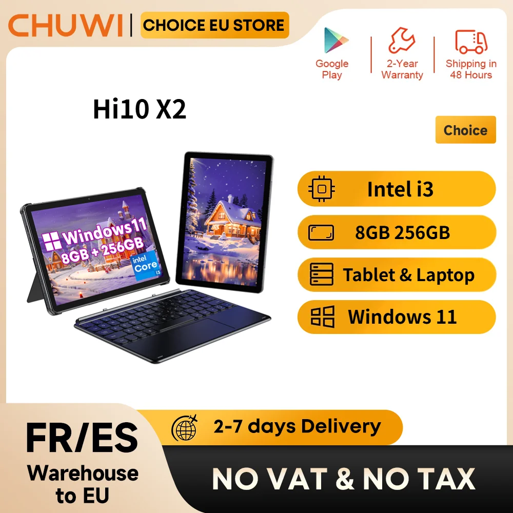 CHUWI Hi10 X2 Windows Tablets Laptop 10,1'' Intel Core i3 8GB RAM 256GB SSD 2-in-1 Tablet-PC 4K Micro Windows 11 WIFI6 Image