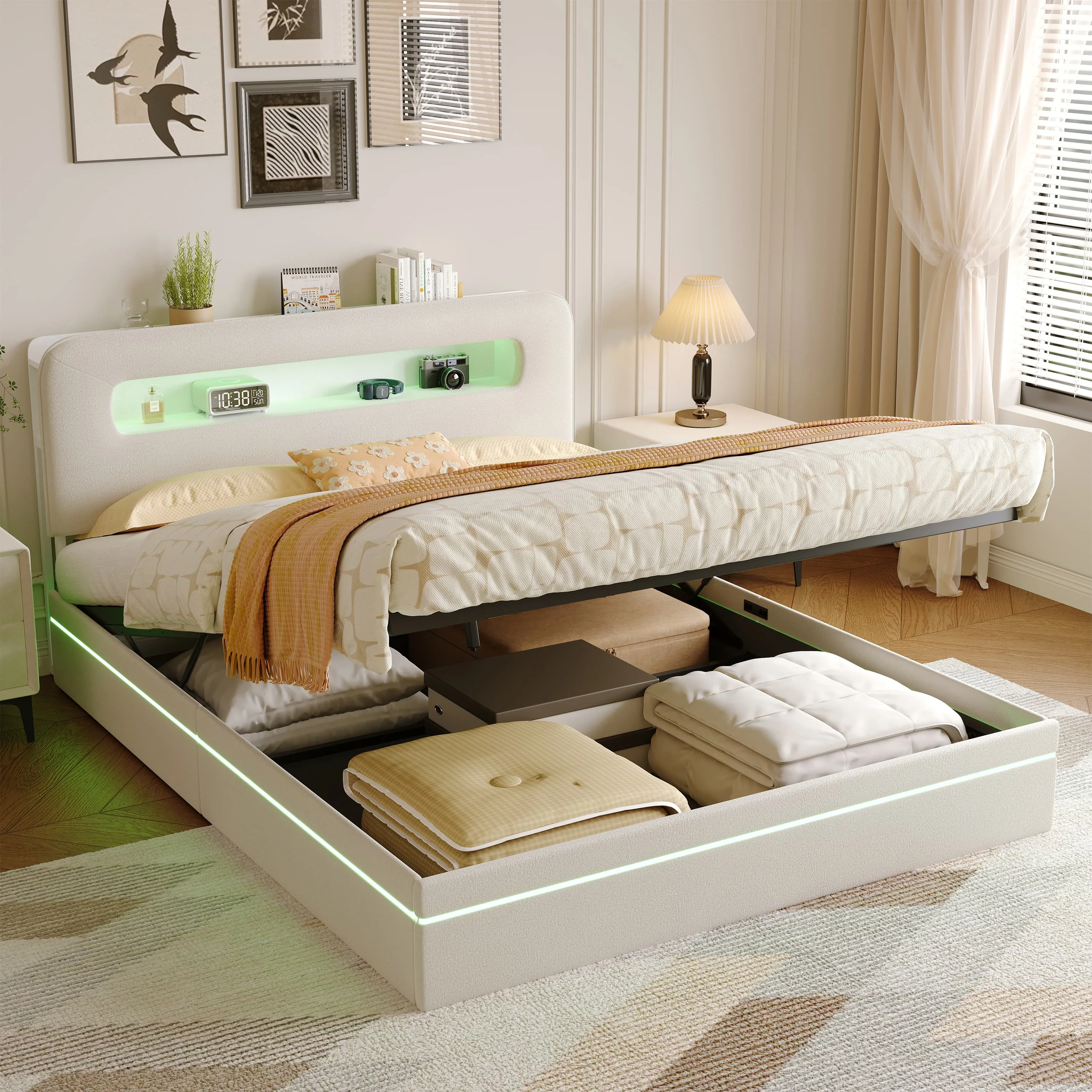 Bett mit Stauraum, 160 x 200 cm, mit LED-Beleuchtung und USB-Anschluss, gepolstertes Doppelbett mit Aufbewahrung und Kopfteil Image