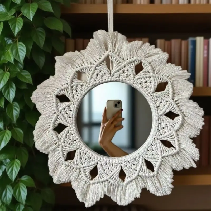 1 Stück Wandspiegel Dekorative Spiegel für Schminktisch Wohnheim Boho Gewebte Quasten Wohnzimmer-Deko Kunst Dekorative Geschenke Image
