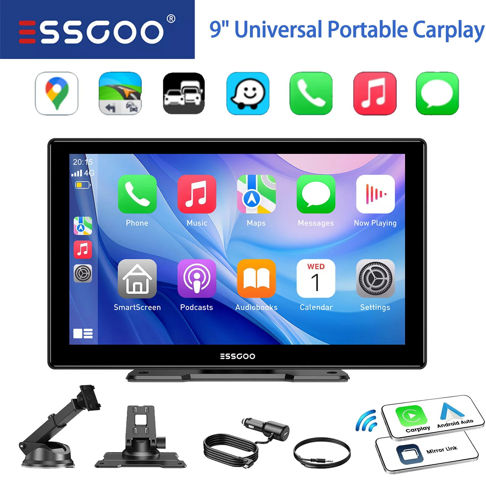 ESSGOO 9-Zoll Universeller Tragbarer Kabelloser CarPlay Android Auto AUX TF FM Bluetooth AI-Sprachsteuerung GPS Mirror Link SurperLink Touchscreen Image