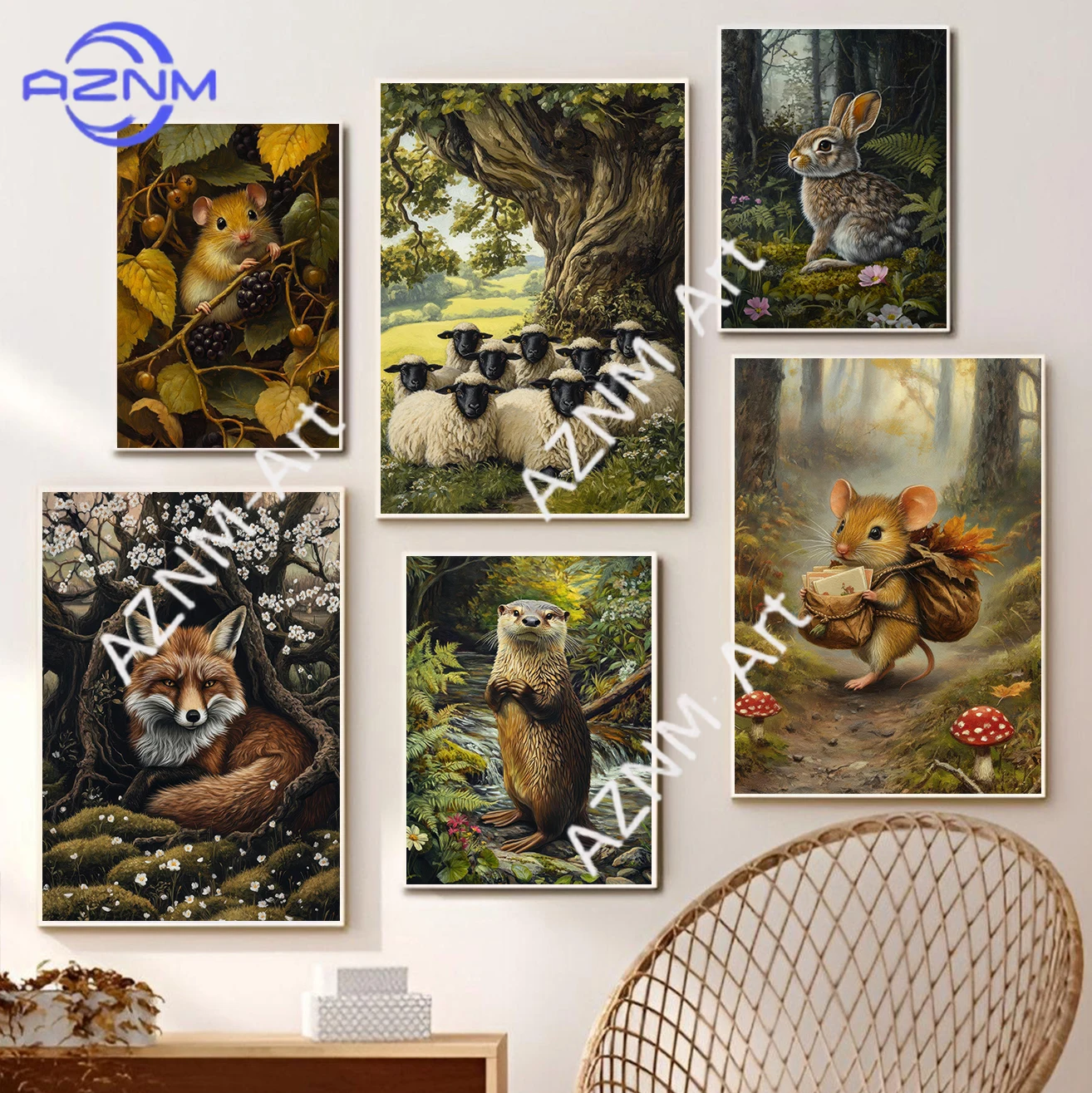 Frühling Herbst Wald Liebliche Tierfiguren im Wintertraum Märchenhafter Stil Poster Leinwanddruck Wandkunst Bilder Kindergarten Heimdekoration