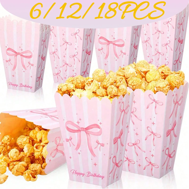 6-18PC Rosa Schleife Papier Popcorn Boxen Weihnachten Fliege Snack Candy Boxen Mädchen Party Geschenk Box für BBQ Französisch Frites Party Dekoration Image