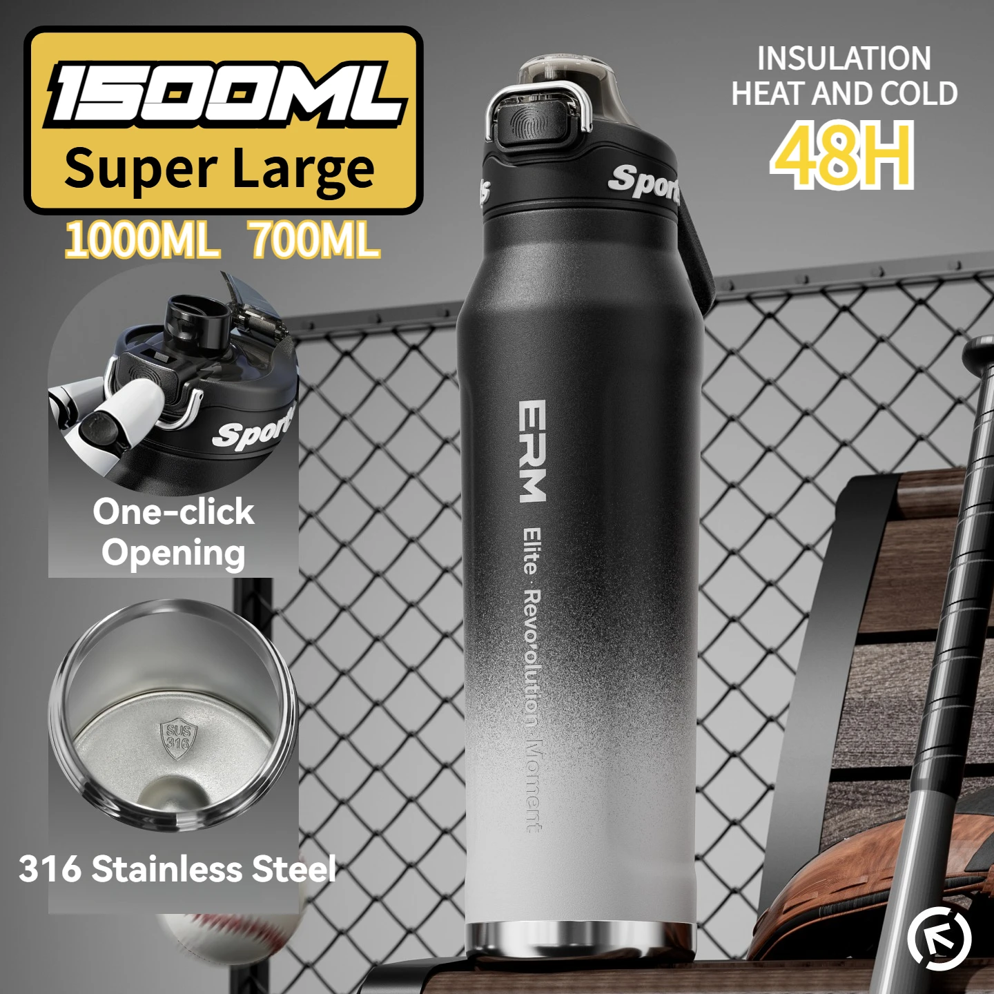 1,5 l isolierte Wasserflasche aus Edelstahl, kalt, warm, isolierter Becher, Vakuum-Thermosflasche, doppelwandige Flaschen Image