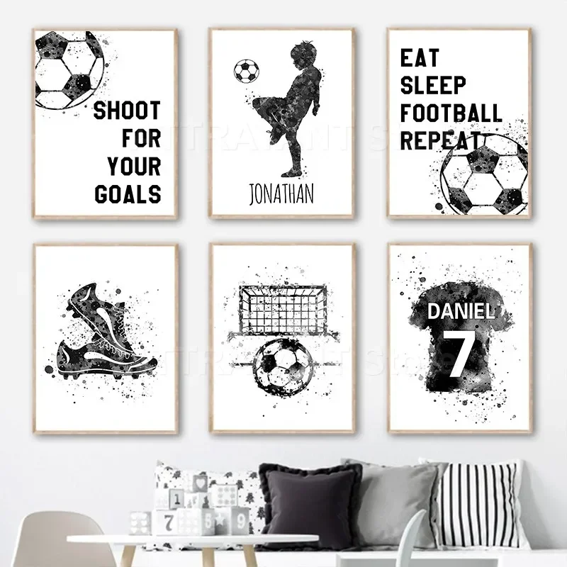Aquarell Fußball Jersey Benutzerdefinierte Name Kinder Fußball Schuhe Poster Und Drucke Wand Kunst Leinwand Malerei Bilder Jungen Schlafzimmer Dekor