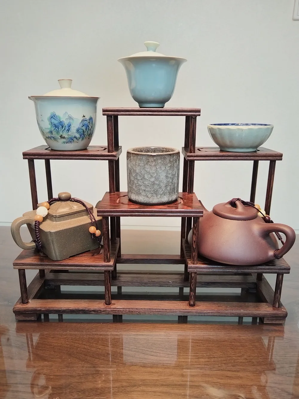 Kleines antikes Desktop-Regal von Duobaoge aus massivem Wengeholz, kleines Regal für Teeservice, Retro-Regal für Teetassen und Teekannen Image