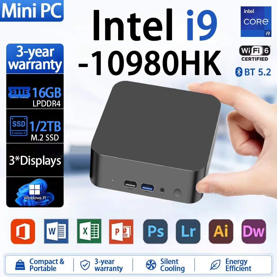 MINI PC Intel Core I9 10980HK Windows 11 Pro 16GB 32GB RAM 2TB SSD WIFI6 BT5.2 4K HD Mini Gaming Office Study Desktop Computer