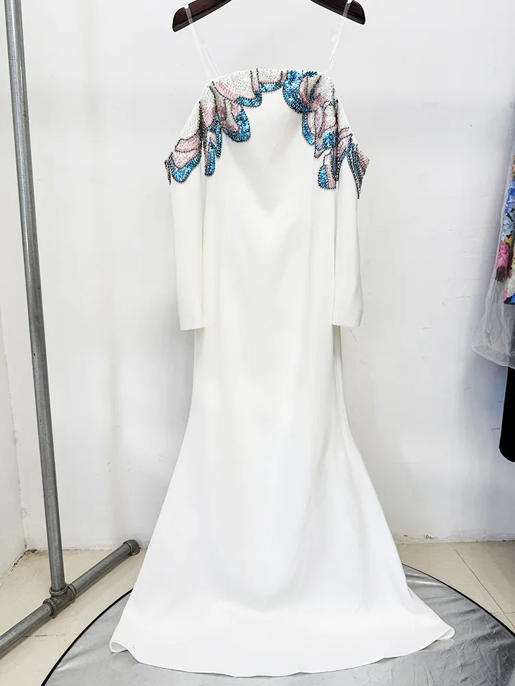 TOP QUALITY Newest 2025 Designer Fashion Women's Slash Neck Off The Shoulders Beaded Long Maxi Dress