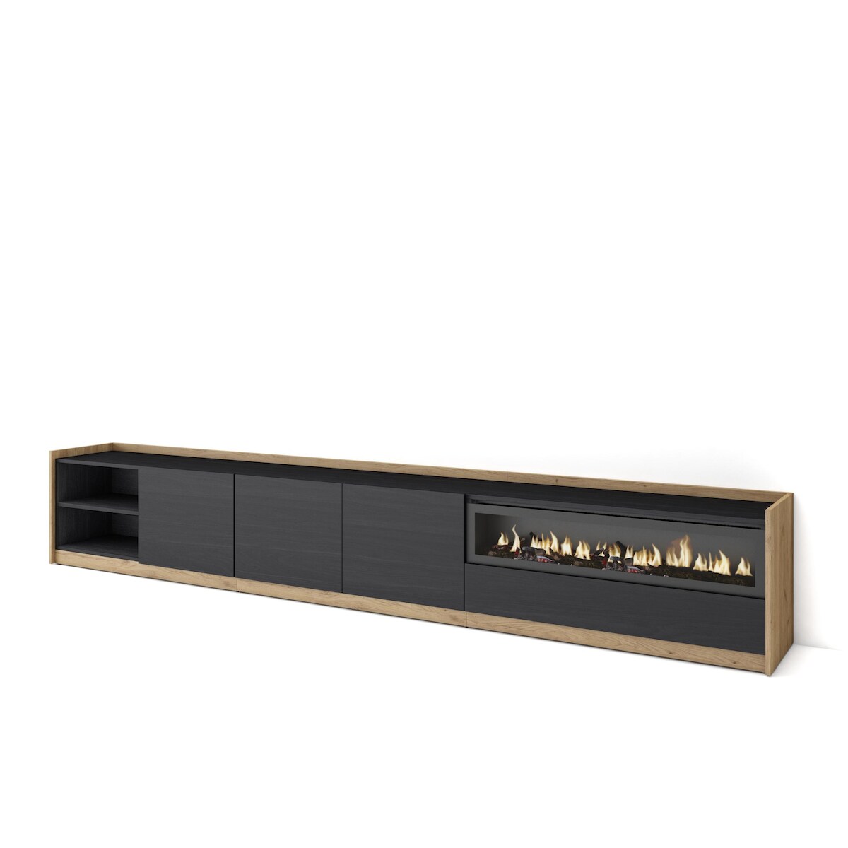 SKRAUT HOME TV-Schrank, Lowboard, für Wohnzimmer und Esszimmer, 310x50x37 cm, Für TV-Geräte bis zu 80", Elektrokamin., Moderner Stil, Schwarz Eiche Image