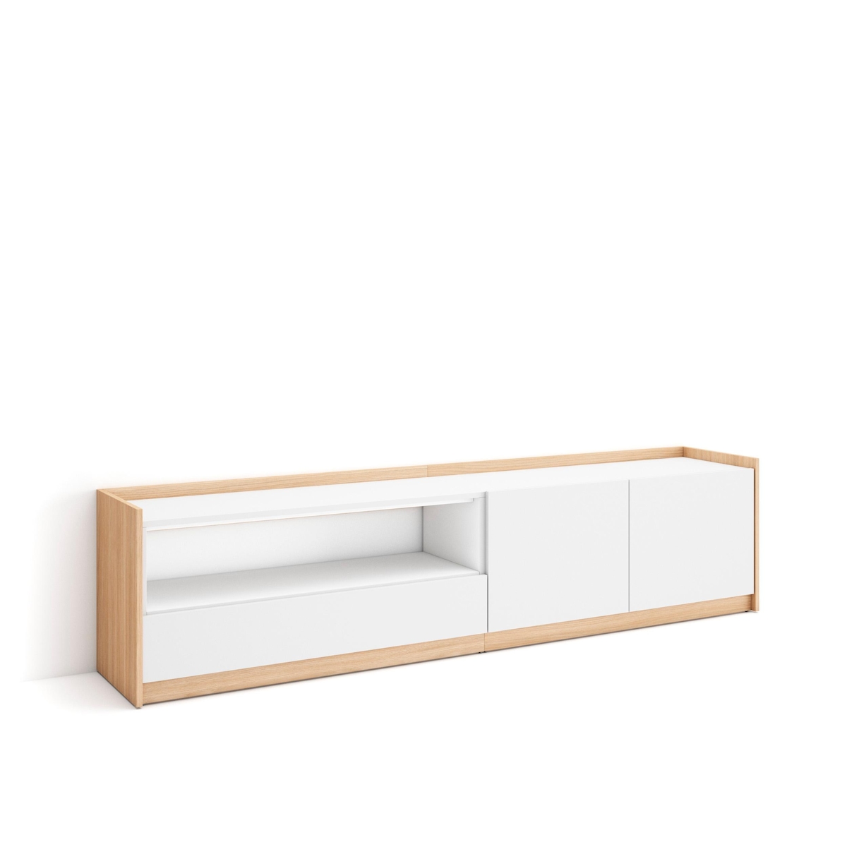 SKRAUT HOME TV-Schrank, Lowboard, für Wohnzimmer und Esszimmer, 207x50x37 cm, Für TV-Geräte bis zu 80", Fernsehtisch, Moderner Stil, Weiß und Eiche Soft Image