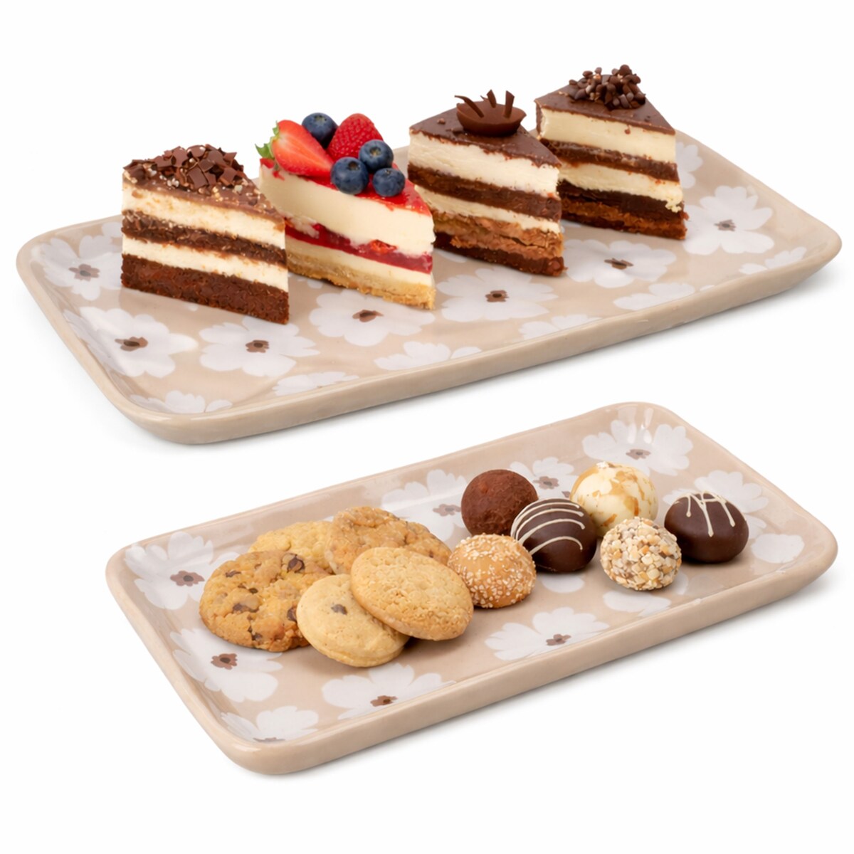 Canea 2tlg Set Servierplatten rechteckig beige Blumen Steingut Kuchenplatte Image