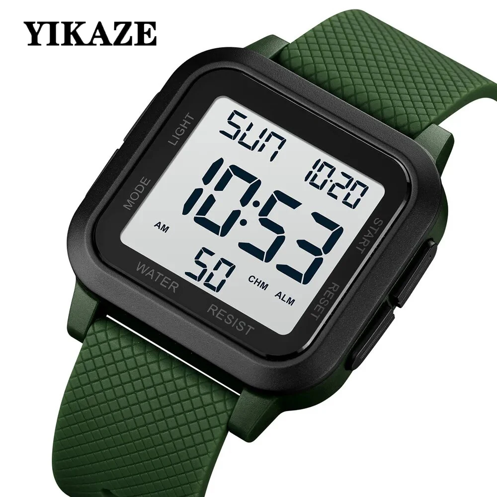 YIKAZE Orologio sportivo nero Orologio digitale da uomo Sveglia Crono Orologio 3Bar Orologi militari impermeabili da uomo Orologio da polso elettronico a LED