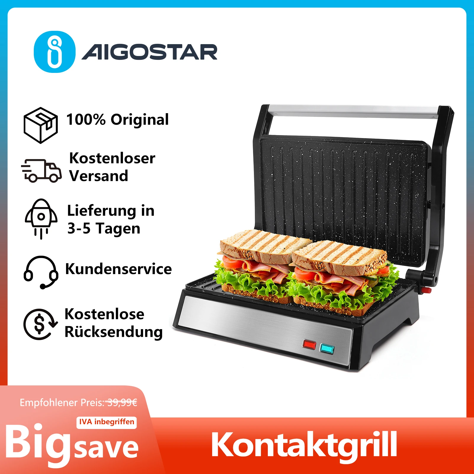 Aigostar Kontaktgrill für Sandwiches， Steak und als Panini Grill， Sandwichmaker mit Antihaftbeschichtung， 1500W Panini Grill mit Abnehmbare Ölsammelbox， 180º Öffnung Image