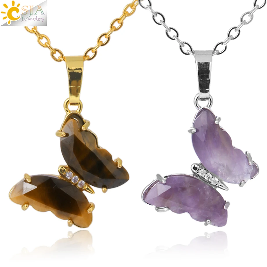 heilsteine edelstein anhänger edelstein anhänger grosshandel Kristall Halskette Schmetterling Halsketten für Frauen Naturstein Amethyste rosenquarz Anhänger Edelstahl Kette spiritual jewelry kristall Image