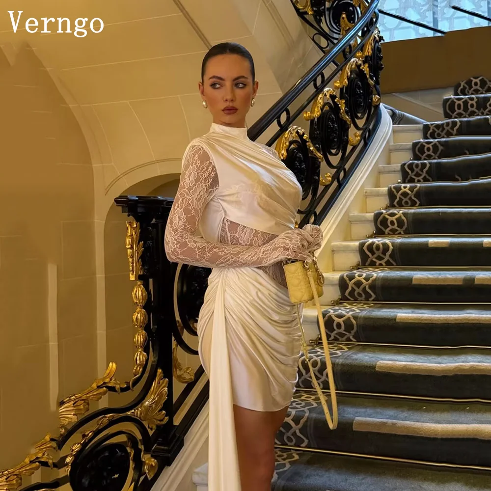 Verngo Spitze Luxus Satin Mini Ballkleider O Hals Volle Ärmel A-Linie Kurzes Partykleid Plissee Formelles Anlasskleid Maßgeschneidert Image