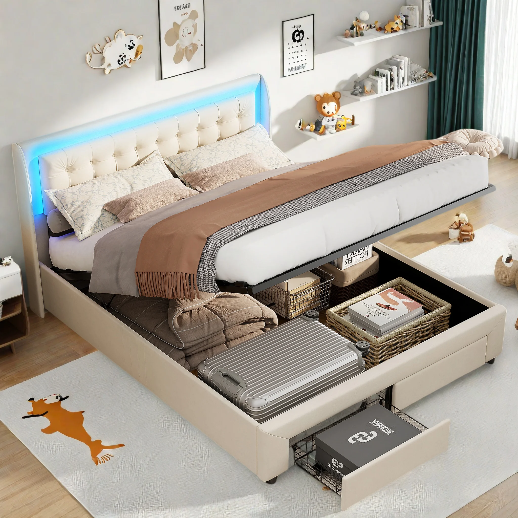 Anajqaqia 140×190cm Polsterbett mit 2 Schubladen & LED-Beleuchtung, Doppelbett mit hydraulischem Stauraum, Jugendbett, Samt, Beige Image