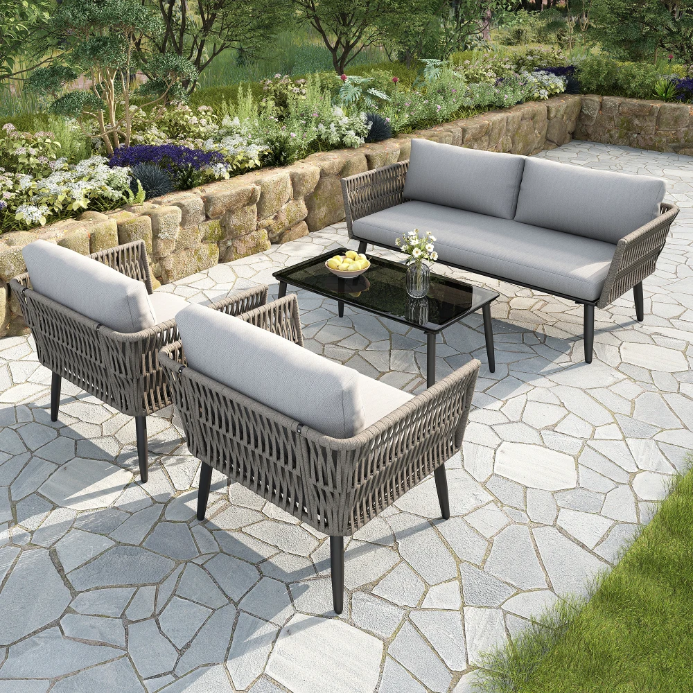 Garten-Lounge-Set, Gartenmöbel-Set mit bequemen Kissen, 2-Sitzer-Sofa, 2 Sessel und Couchtisch, geflochtenes PE-Seil