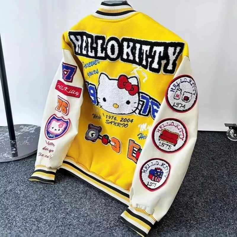 Süße Sanrio Hello Kitty Patchwork Varsity-Jacke Y2K Damen Harajuku Baseball-Mantel Streetwear Schwarze Jacke Vintage Bestickt