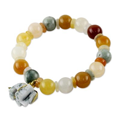Elephant Remembrance,'Beaded Jade and Quartz Bracelet with Elephant Charm'