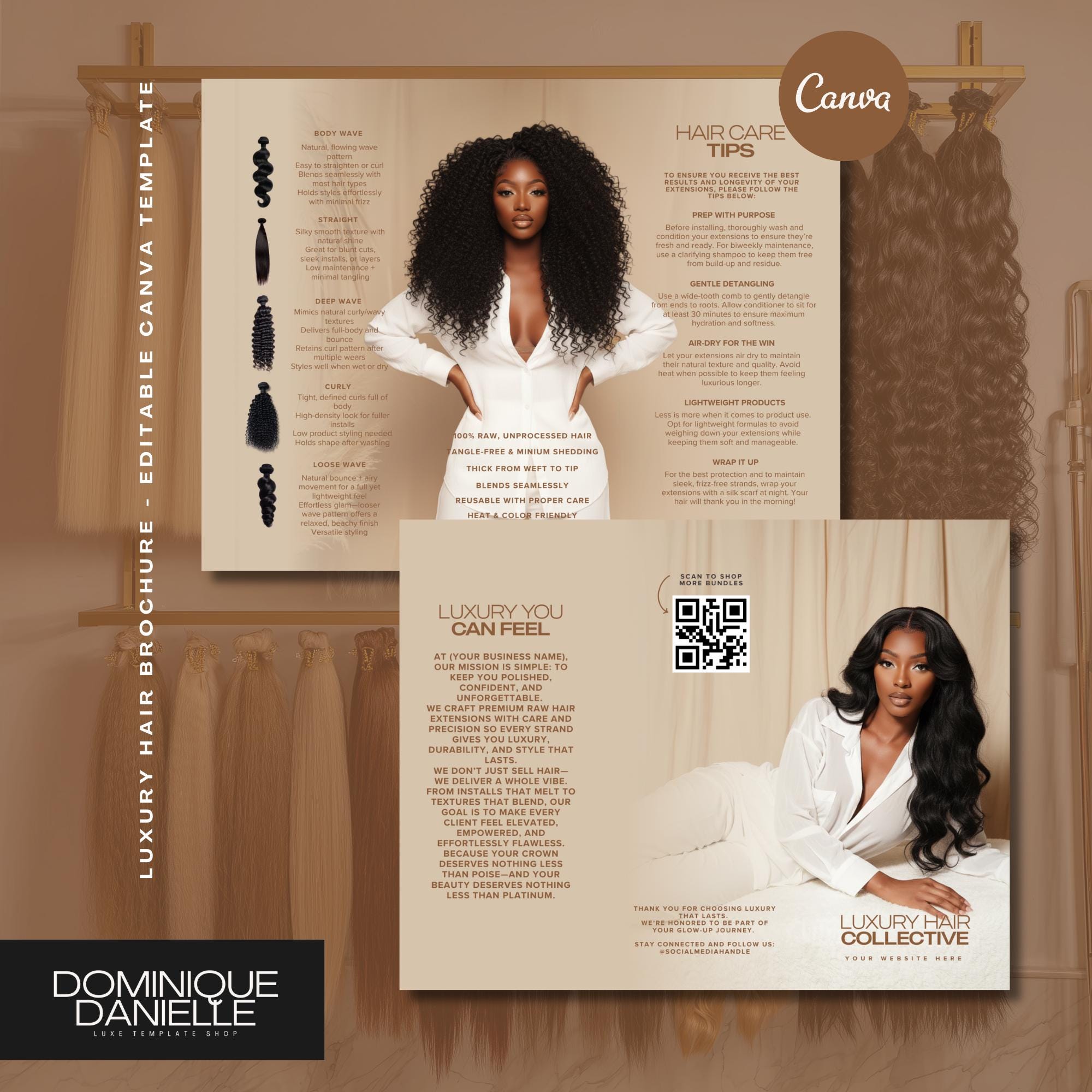 Modello di brochure a tre ante per capelli: volantino a Z stampabile (modificabile con Canva, 11x8,5 pollici, download PDF)