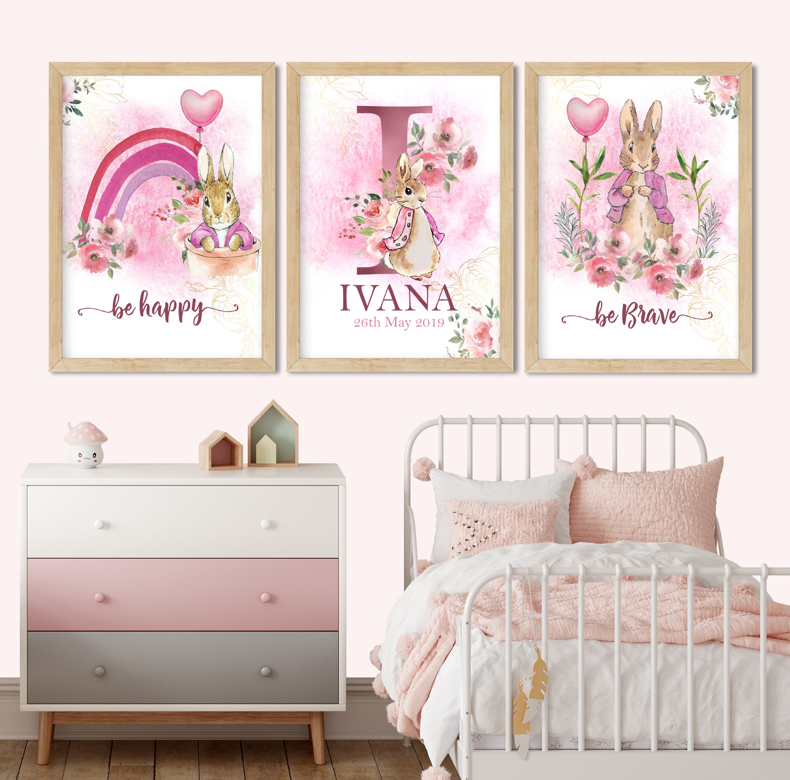 Set di 3 stampe artistiche per la cameretta delle bambine, stampa murale per la cameretta di Peter Rabbit, stampe artistiche personalizzate, set per l