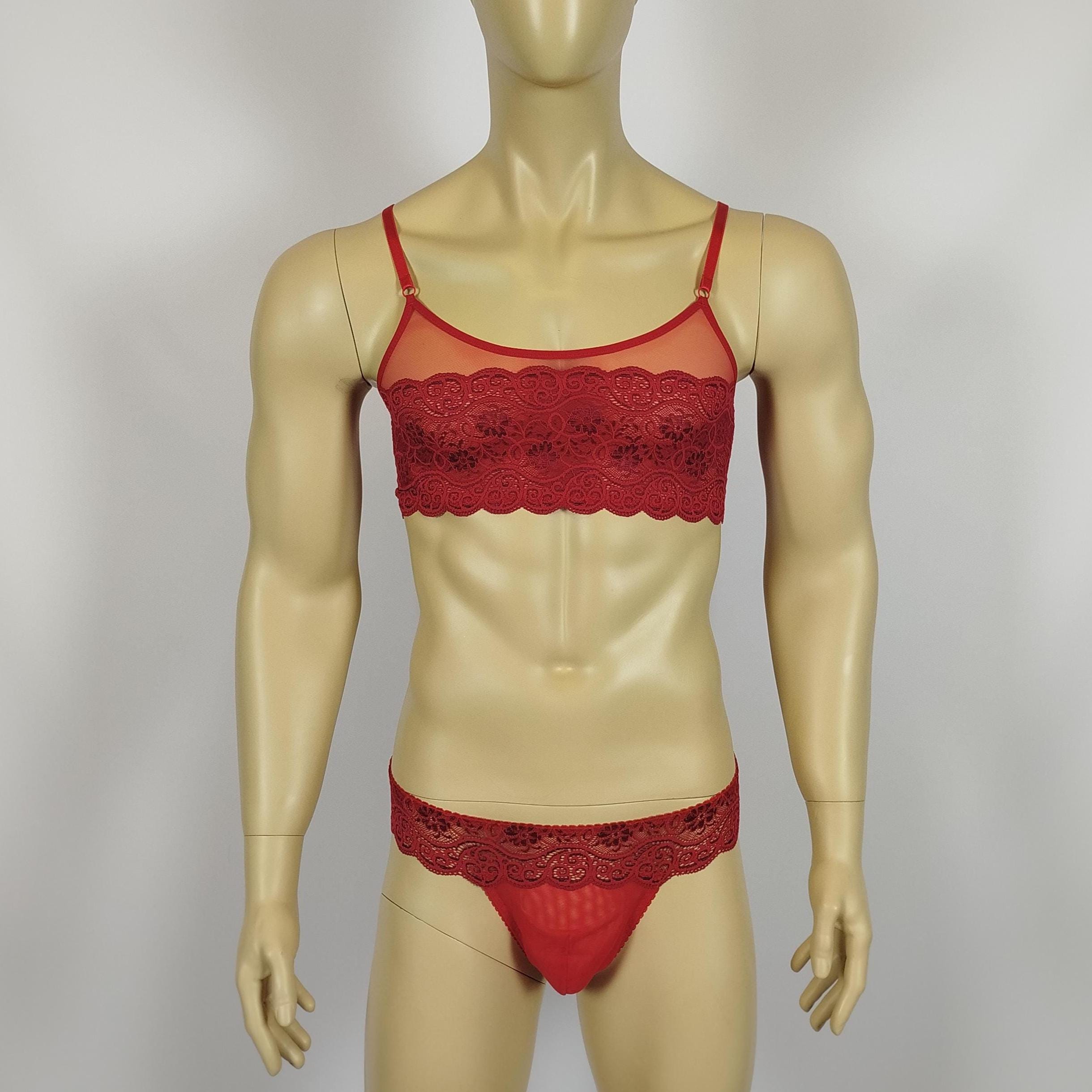 Completo intimo uomo in pizzo rosso composto da bralette e perizoma di AiryBliss, lingerie smerlata per uomo, crossdresser, sissy, intimo per tutti i