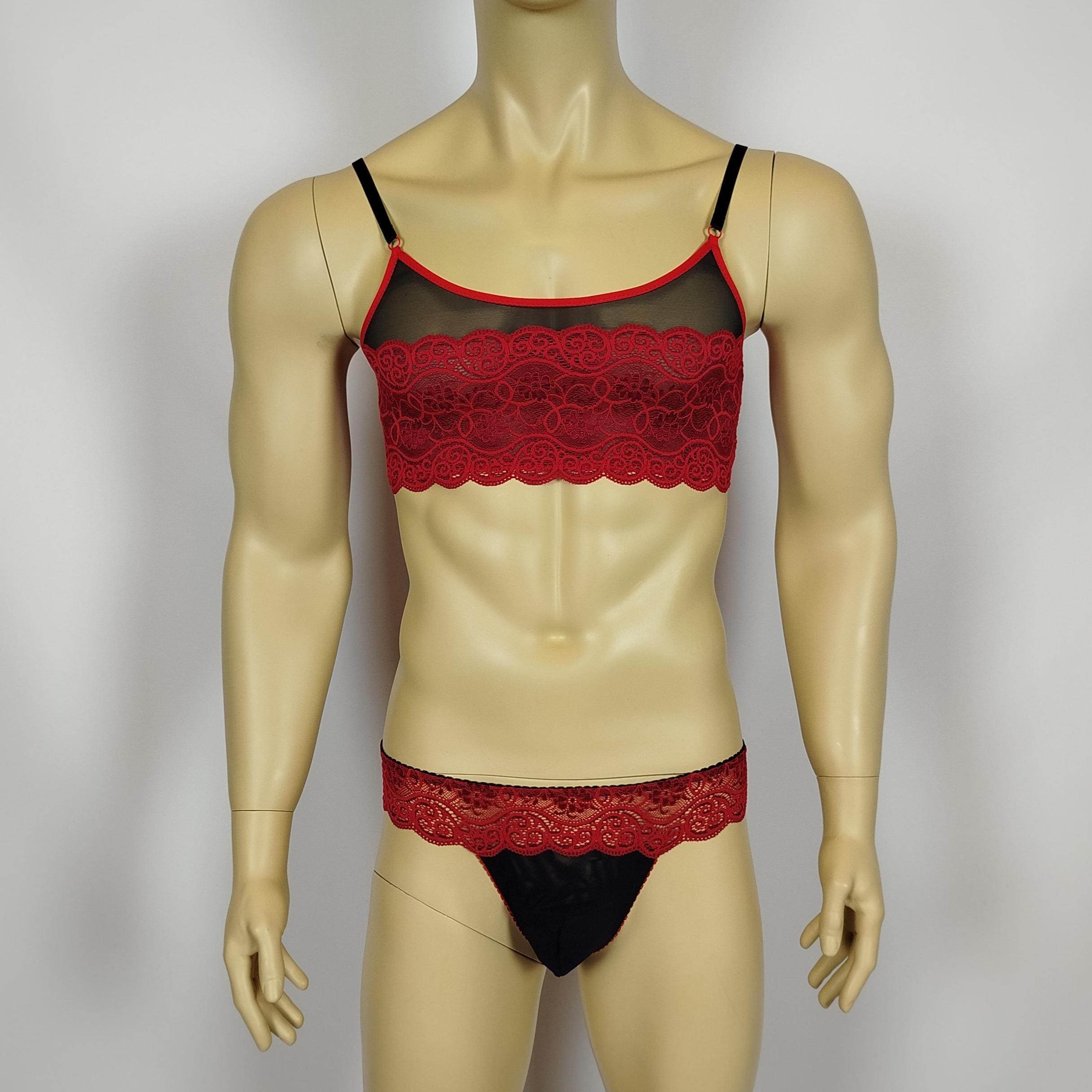 Completo intimo uomo in pizzo rosso e nero composto da bralette e perizoma di AiryBliss, lingerie smerlata per uomo, crossdresser, sissy, intimo per t