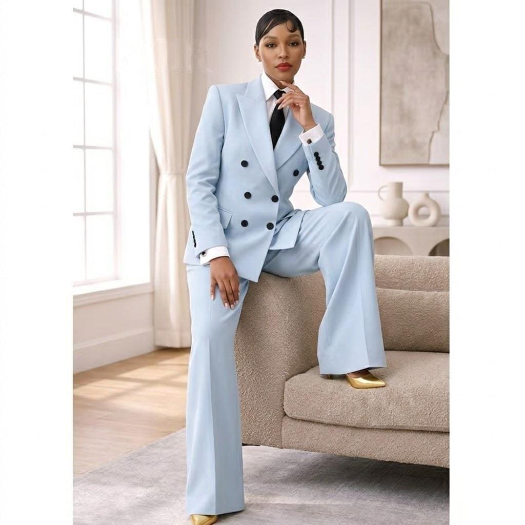 Tailleur pantalone azzurro chiaro da donna, tailleur doppiopetto da donna, tailleur power azzurro cielo, tailleur pantalone a gamba larga
