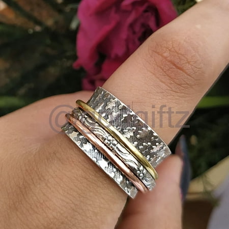 INISHA CREATION Spinner Jewelry Ring Spinner Ring Brass Silver Worry Band Ring Fidget Spinner Ring Thumb Ring Textured Spinning Ring Valentine Gift