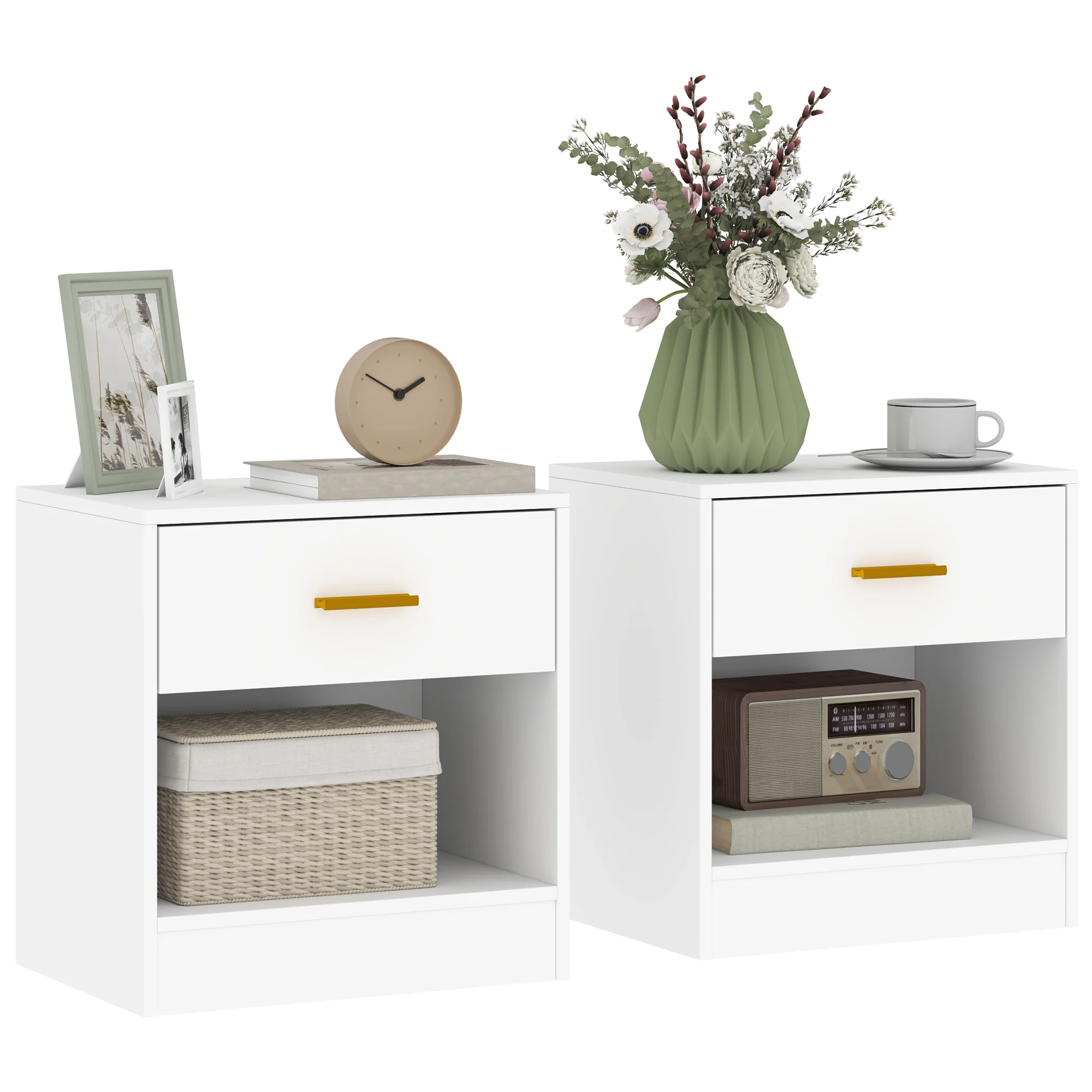 Set di 2 tavolini da comodino HOMCOM, tavolino da notte con 2 cassetti e ripiani aperti, maniglia dorata, stile moderno, complemento d'arredo per divano