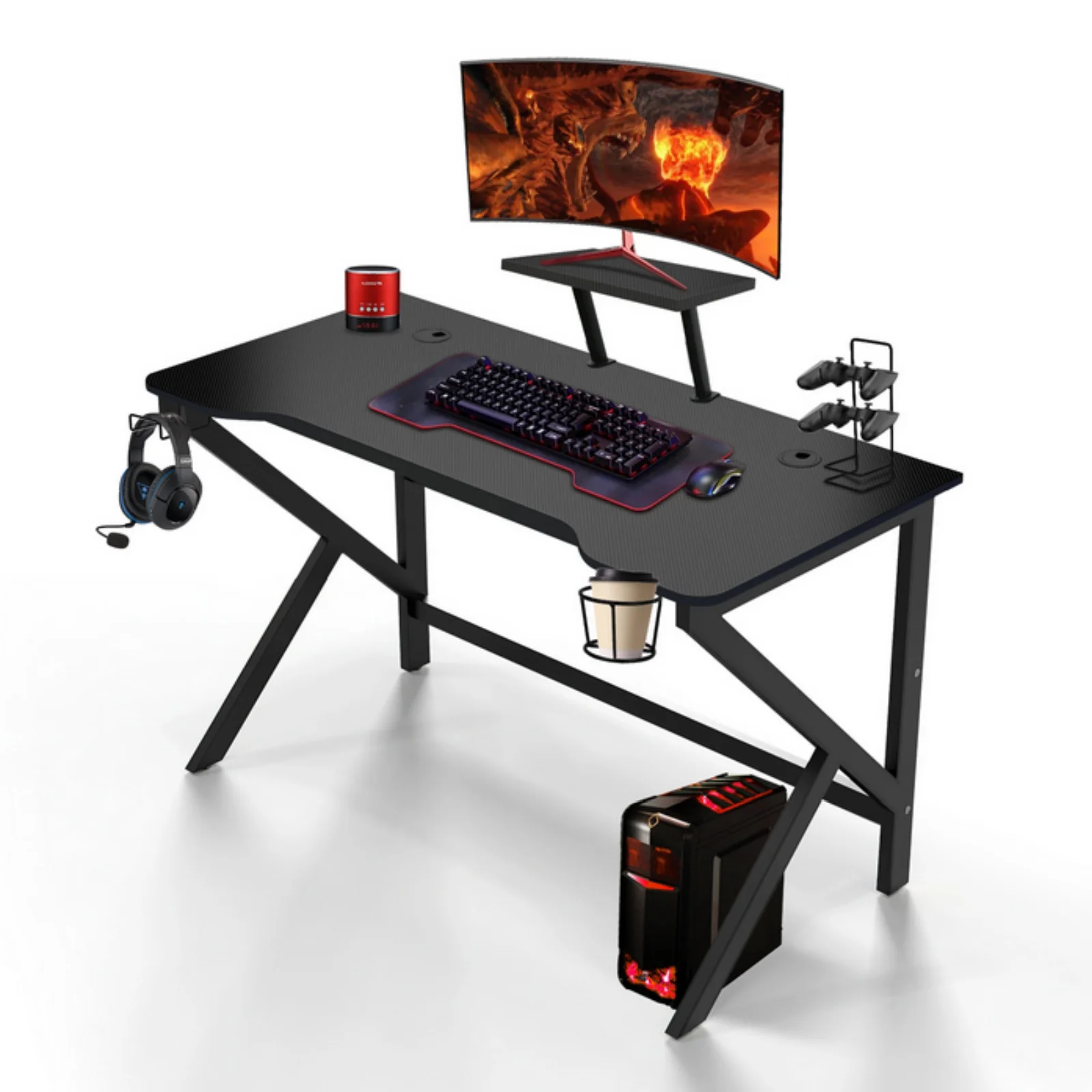 Scrivania da gioco 100 x 55 cm, scrivania da gioco ergonomica con portabicchieri e gancio per cuffie, scrivania per computer, tavolo da gioco nero