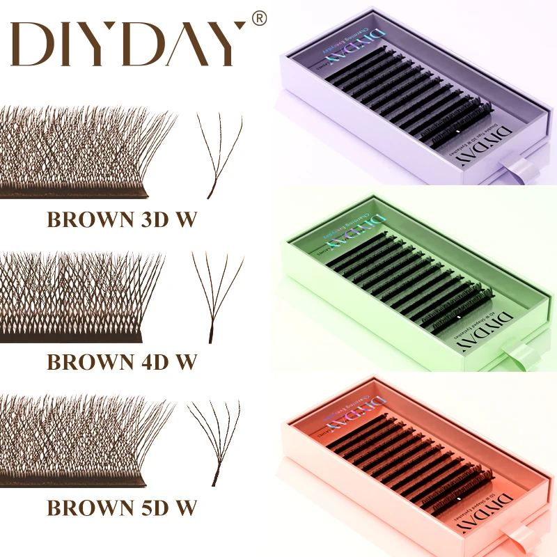 DIYDAY Ciglia a ventaglio preformate a forma di W 3D 4D 5D marroni, facili da applicare, naturali e morbide, extension ciglia finte effetto visone stile W