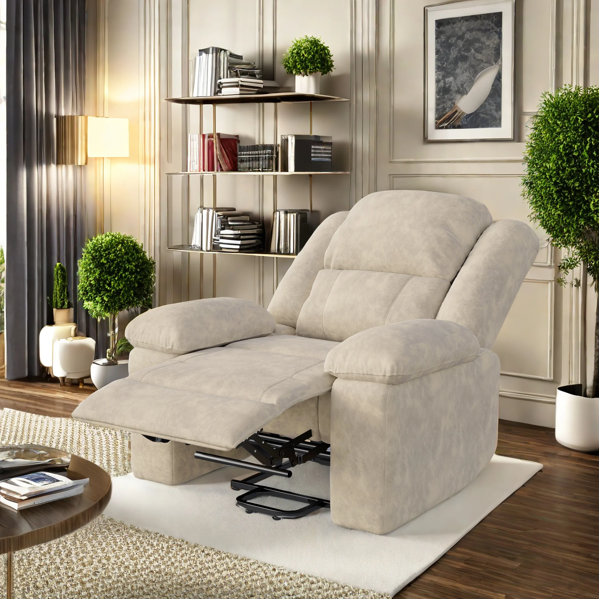 Elektrischer Relaxsessel, Fernsehsessel, Massagesessel mit Aufzug Vibration Heizung Liegefunktion, Kann Stehen, 8 Uhr Massage, Taille 2 Punkte Heizung, Vergoldungstuch, Braun Image