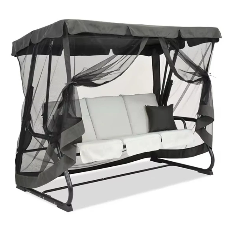 Gazebo-Schaukelbett mit Moskitonetz-Seitenwand, Outdoor-Schaukelbett mit Kissen und Polstern, 3-Sitzer Outdoor-Terrassen-Schaukelstuhl