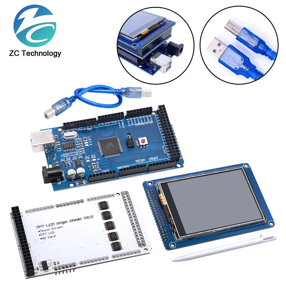 3.2 "TFT LCD Touch Farbe Bildschirm Modul + 3,2 Zoll Schild Adapter Board + Mega2560 Mega 2560 R3 CH340 mit USB für Arduino Kit Image