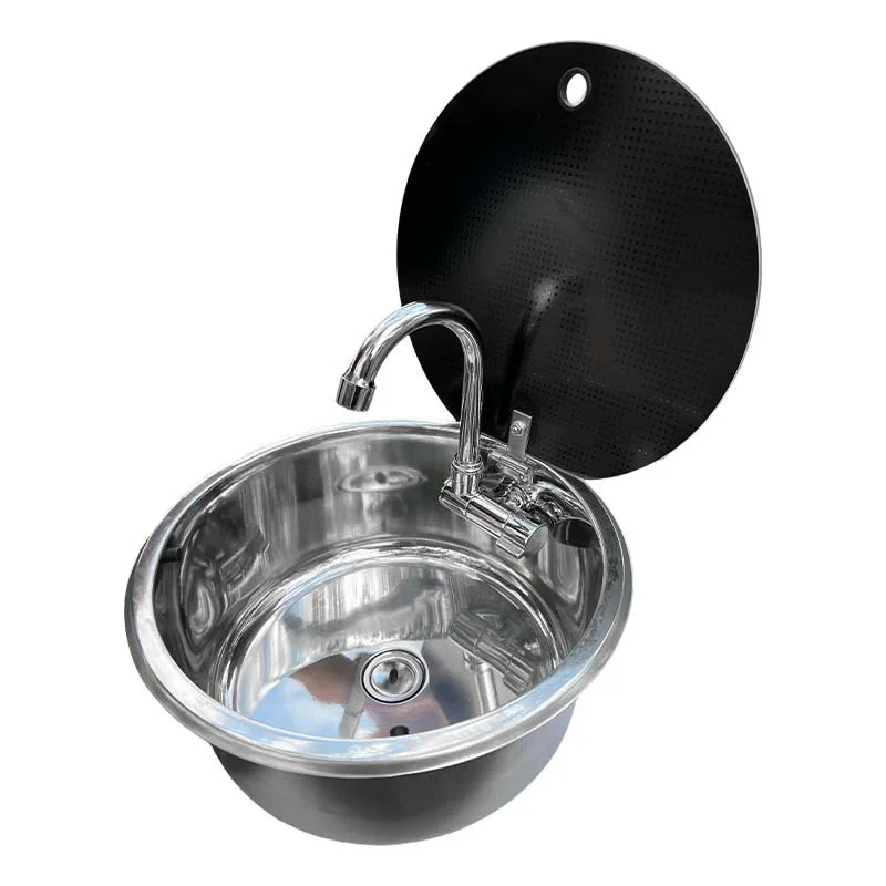Runde Wohnmobil-Spüle mit Deckel, zusammenklappbarer Klappdeckel für die Küche, Einzelschlitz, runde Spüle aus Edelstahl 304, Yacht-Spüle aus Edelstahl