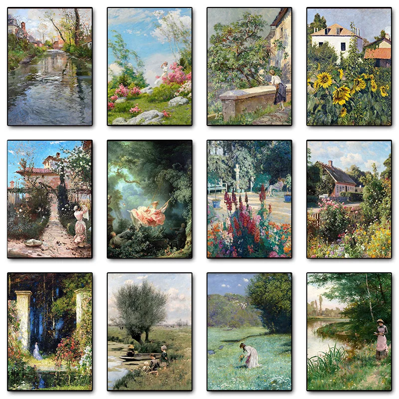 Vintage Landschafts-Poster mit Fluss, Blühendem Garten, Wald und Wiese, Kunstdruck Wandbild Leinwandgemälde für Wohnzimmer-Dekoration