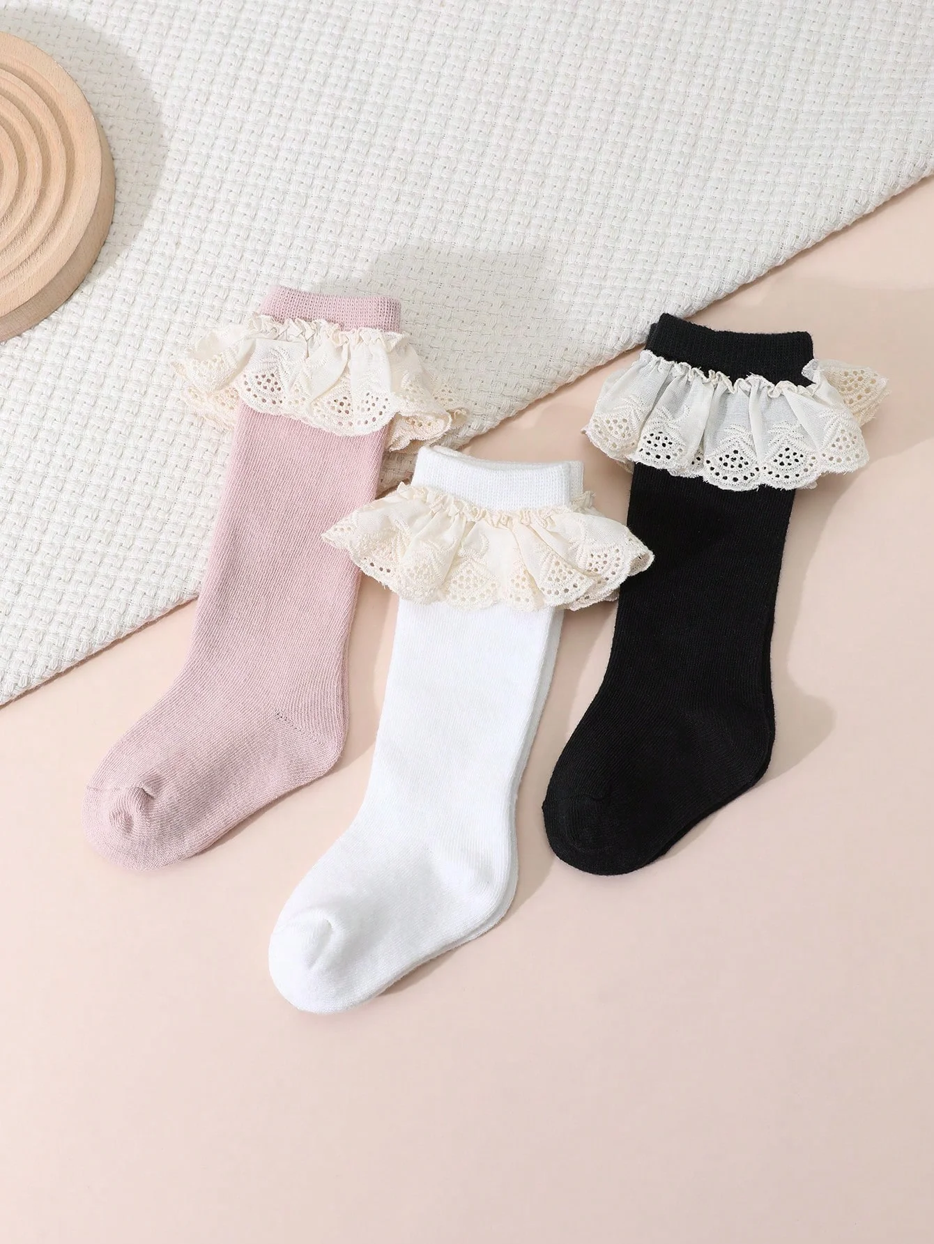 1/3 Paar gestrickte Baby-Mädchenstrümpfe mit Spitzenverzierung, langes Röhrendesign, kältebeständig, angenehmer für Babys im Tragen Image