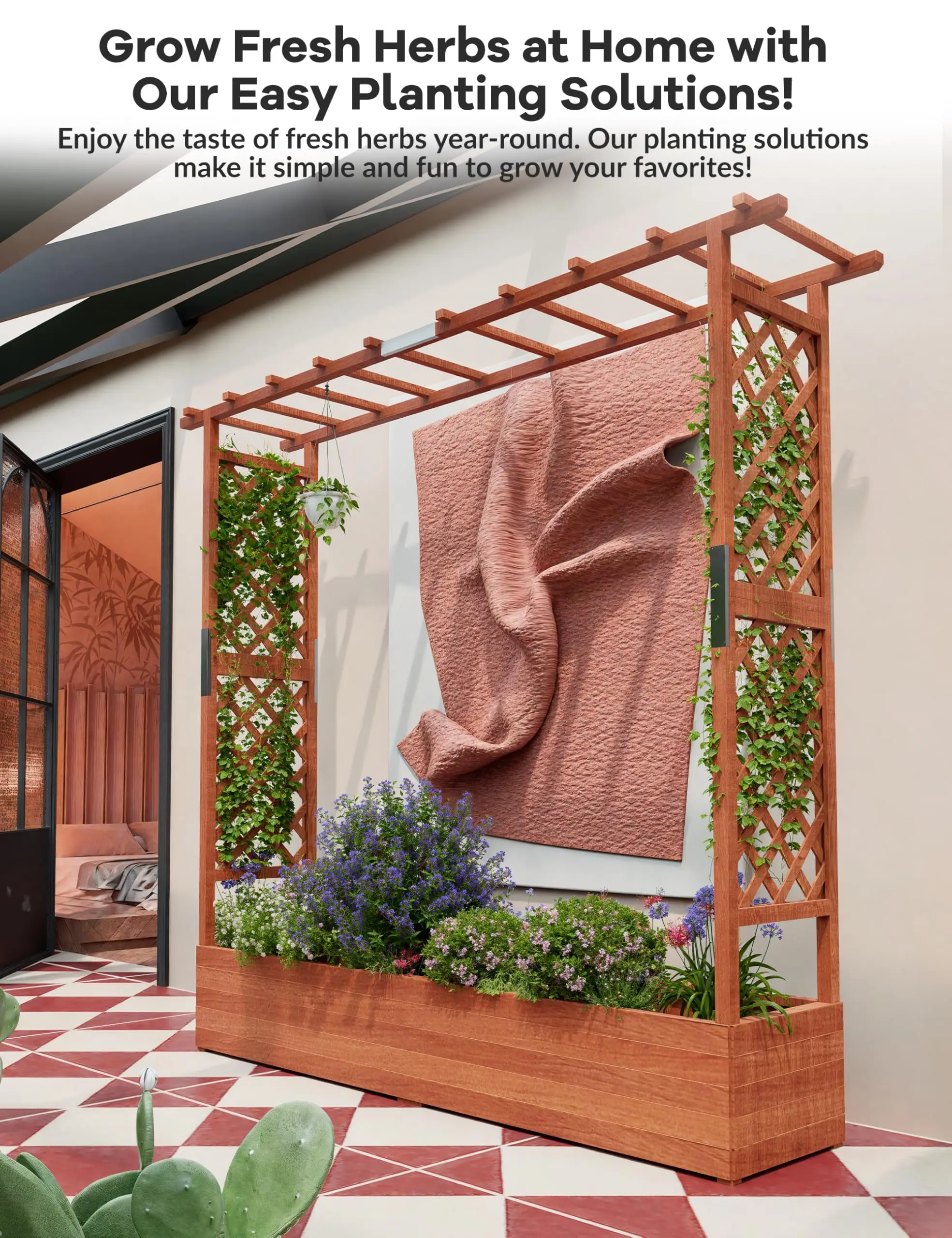 Erhöhtes Holz-Hochbeet mit Rankgitter/Baldachin/Abflussloch Freistehender Pflanzkasten für Kletterpflanzen, Ranken und Blüten Image