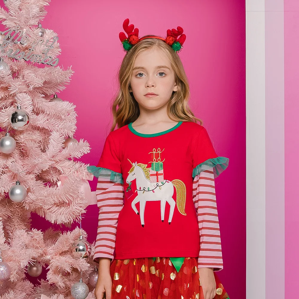 Mädchen Weihnachten Weihnachten Neujahr Weihnachten T-Shirt Kinder Licorne Cartoon gestreifte Baumwolle Tops und T-Shirts Kinder Party Casual Tees Giff Image