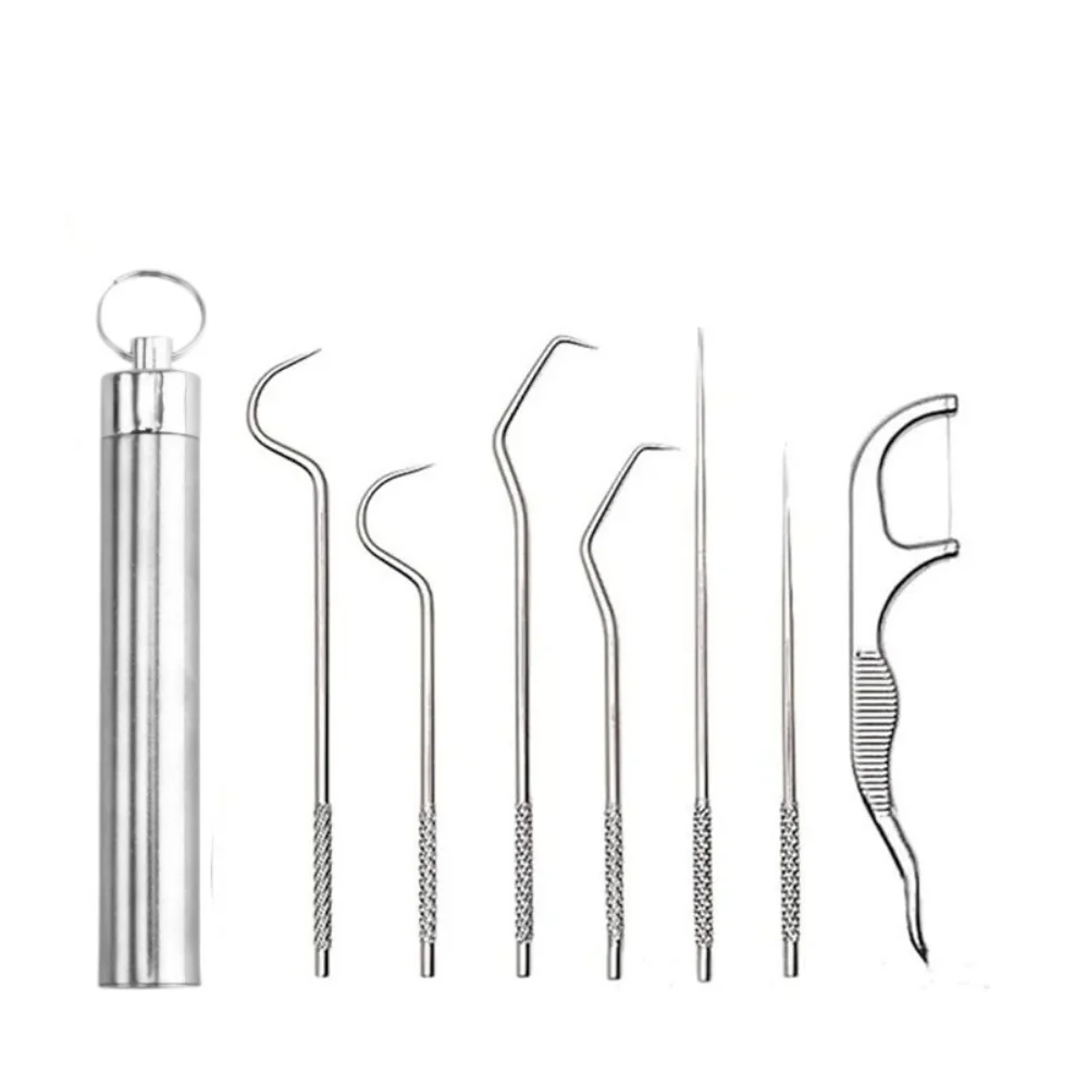 Wiederverwendbares Edelstahl-Zahnstocher-Set, Zahnseide und Zahnsteinentferner, Tragbares Zahnreinigungsset für Mundpflege Image
