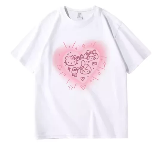 2026 Sommer 100% Baumwolle Sanrio Hello Kitty Bedrucktes Lässiges Lockeres T-Shirt Eltern-Kind Vintage Harajuku Top 52TOYS Kollaboration
