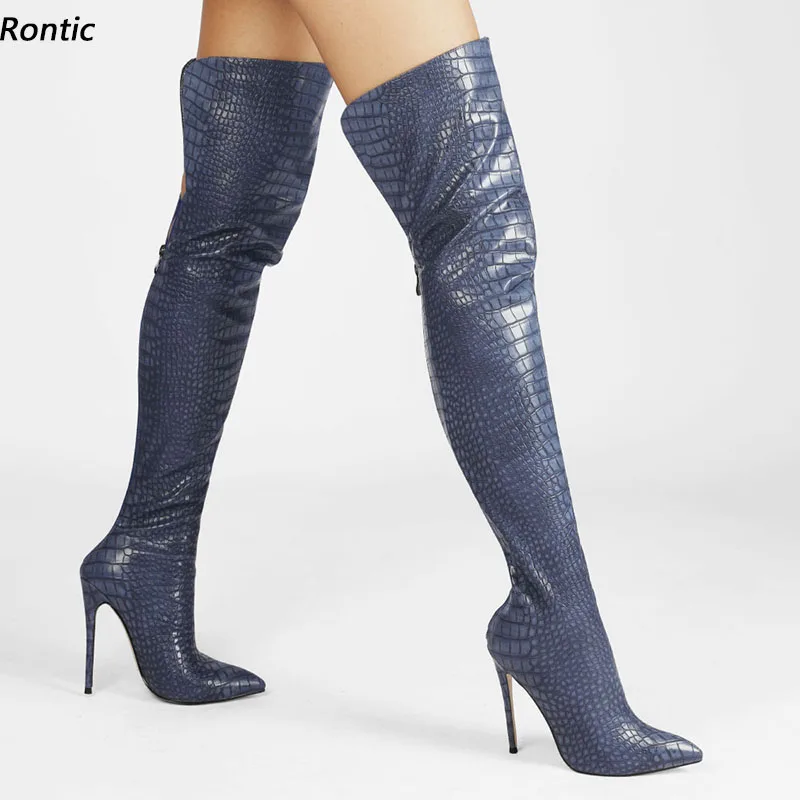 Rontic Heiße Frauen Winter Overknee Stiefel Stein Muster Stiletto Heels Spitzschuh Silber Blau Weiß Club Schuhe US Größe 5-15
